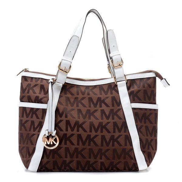 michael kors pisket large zip-top monogram tote med kaffe skinn Kjøpe Billig s4ud6